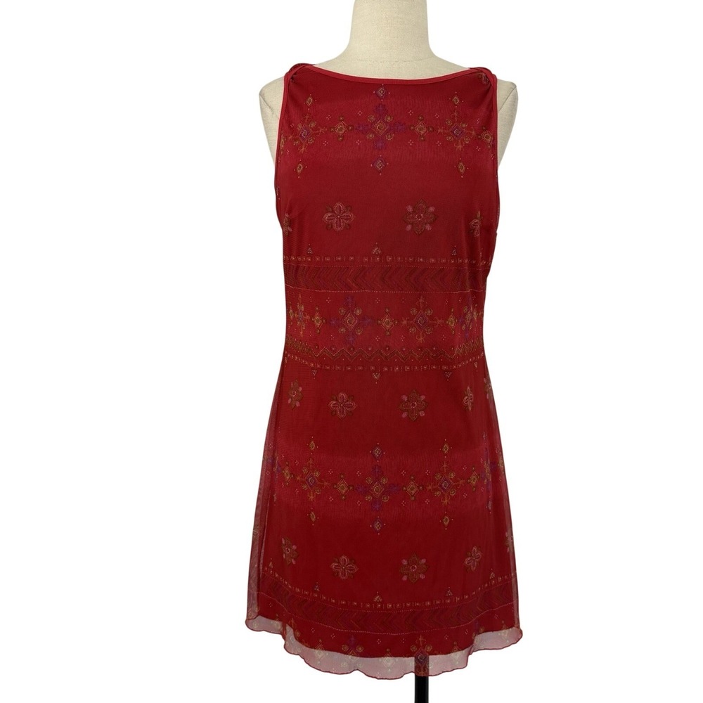Vintage 90s Red Mesh Overlay Floral Mini Dress Sz M Girly Fairy Garden Grunge